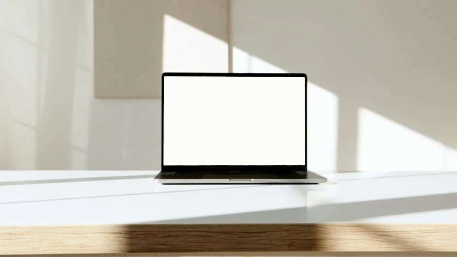 Dual monitors on a desk, showcasing web design in a modern office setting.